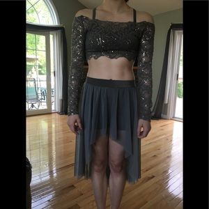 Gray two piece off the shoulder dance costume